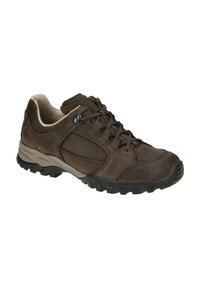 Braune Lederschuh für Wanderungen mit strukturierter Oberfläche, Gummisohle und schwarzen Akzenten. Verfügt über ein Schnürdesign und sichtbare Nähdetails.