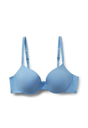 Hellblauer gepolsterter BH mit verstellbaren Trägern und Bügeln, glatter Stoff, flach auf weißem Hintergrund dargestellt.