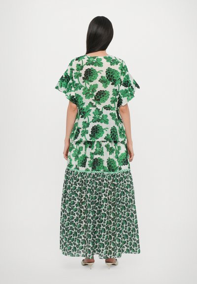 Flowy green floral dress with a tiered skirt, featuring layered ruffled sleeves and intricate patterns on a light background.