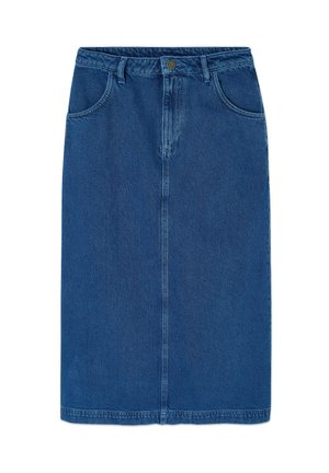 Denim midi skirt in dark blue with a straight silhouette, front pockets, button closure, and subtle fading details.