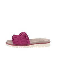 Purple fabric slide sandal with ruffled detail across the top, featuring a beige cushioned insole and textured white rubber sole.