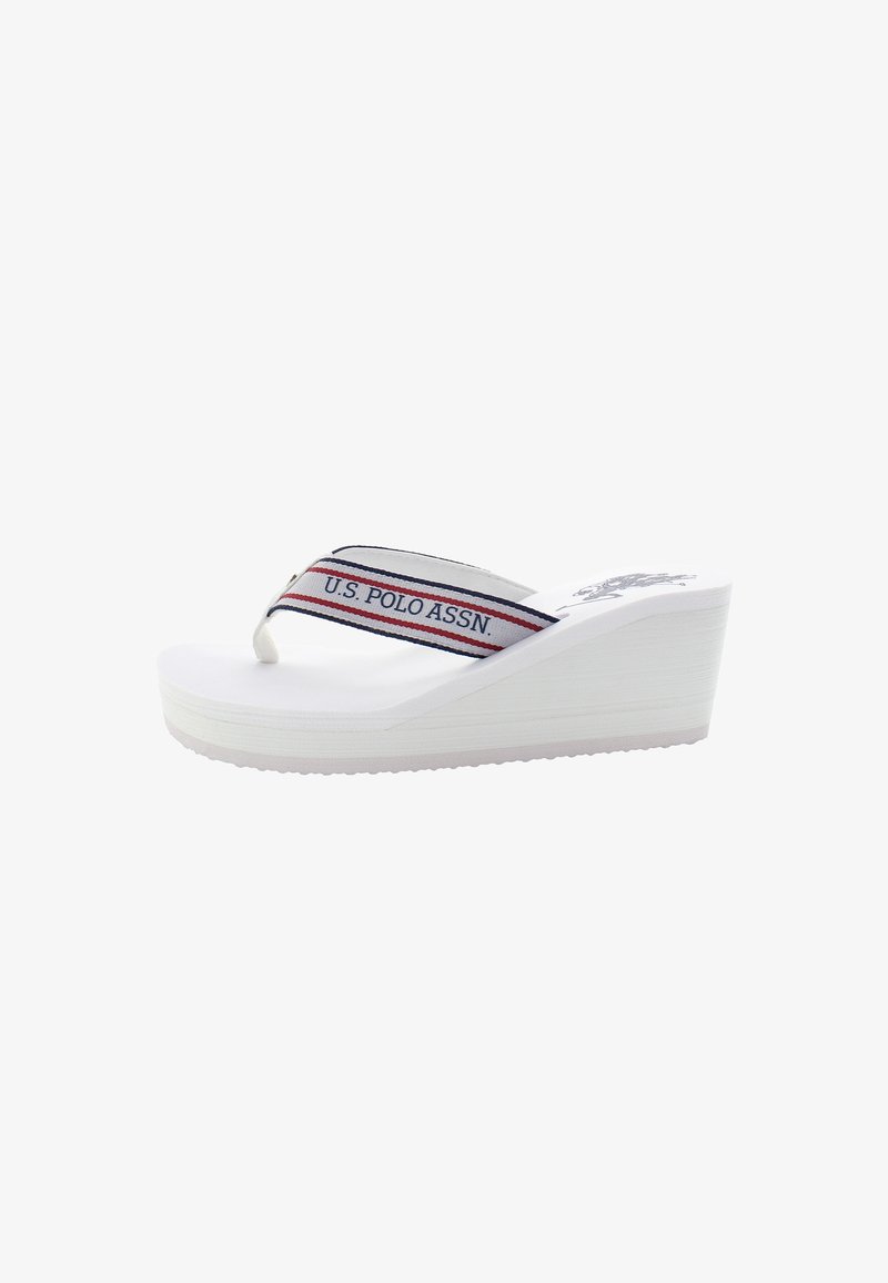 White wedge sandals with a textured sole, featuring a striped fabric strap with "U.S. POLO ASSN" logo in red and navy.