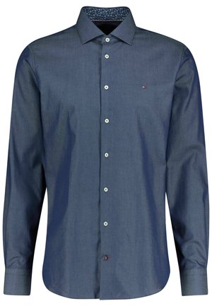 Chemise boutonnée à manches longues pour hommes, de couleur bleu marine, avec col intérieur à motif floral et petit logo sur la poitrine.