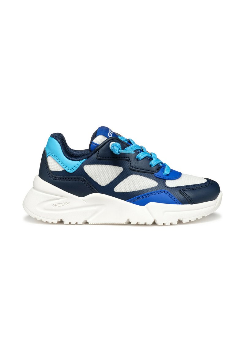 Scarpe da ginnastica navy e azzurro chiaro con tomaia in materiale sintetico, pannelli in rete, collo imbottito e suola in gomma bianca. Presentano lacci blu e logo.