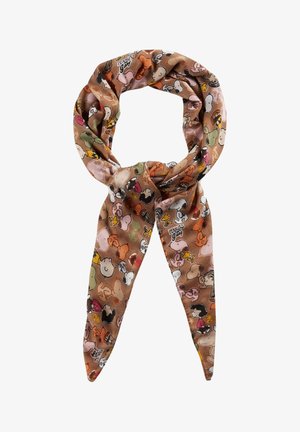 Écharpe marron avec un motif répété de personnages Peanuts, fabriquée en tissu doux avec une texture lisse. Se noue en forme de nœud.