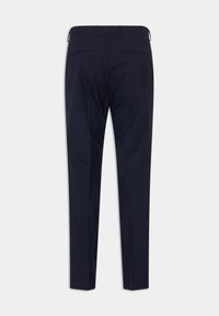 Marineblaues Hosen mit maßgeschneiderter Passform, glattem Stoff und Gesäßtaschen. Das Design zeichnet sich durch eine klare Silhouette mit gebügelten Bügelfalten aus.