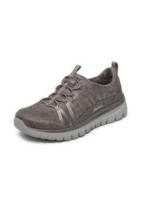 Graue Wildleder-Sneaker mit elastischen Bungee-Schnürsenkeln, strukturierten seitlichen Paneelen und einer kontrastierenden grauen Gummisohle. Verfügt über einen gepolsterten Kragen und Branding.