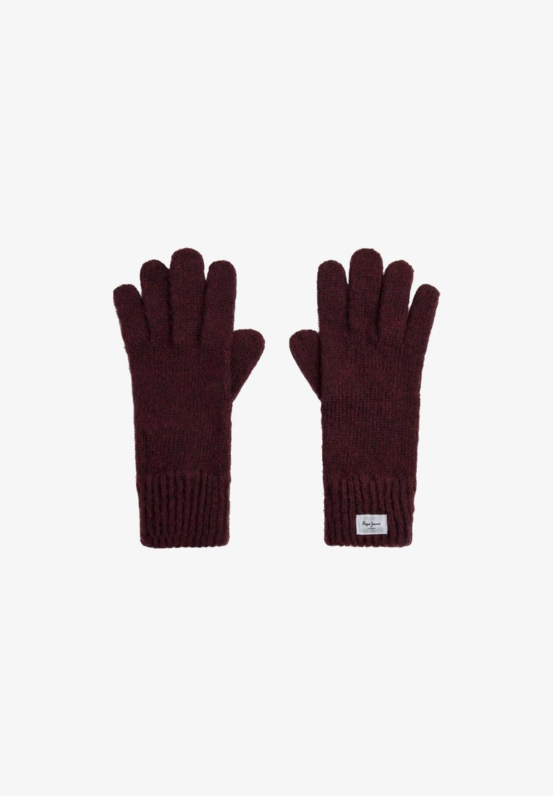 Par rukavica tamnocrvene boje od vune s rebrastim manžetama, a jedna manžeta sadrži malu bijelu etiketu brenda od tkanine.