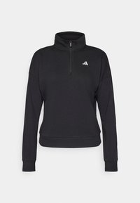 Czarny długi sweter z długim rękawem, z wysokim kołnierzem, półzamkiem, ściągaczami u rękawów oraz małym białym logo Adidas na klatce piersiowej.