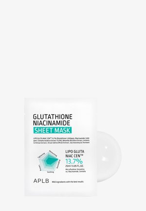 Emballage de masque en feuille au glutathion niacinamide indiquant 13,7 % d’ingrédients actifs, hydratation, éclaircissement, apaisement et effet tenseur.