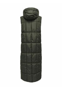Long sleeveless dark green quilted puffer vest with a hood, shown from the back on a white background.