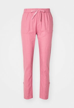 Pantalons en lin rose avec une taille élastique, un cordon de serrage et deux poches avant. Coupe droite avec des fentes sur les côtés à l'ourlet.
