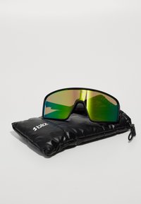 Lunettes de soleil avec un grand verre teinté vert. Monture noire avec une finition mate, reposant sur un étui rembourré noir arborant un logo blanc.