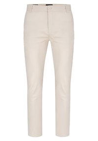 Beżowe spodnie o dopasowanym kroju z płaskim przodem, z zamkiem błyskawicznym i zapięciem na guzik. Gładka tekstura, slim fit z delikatnymi detalami w postaci plis.