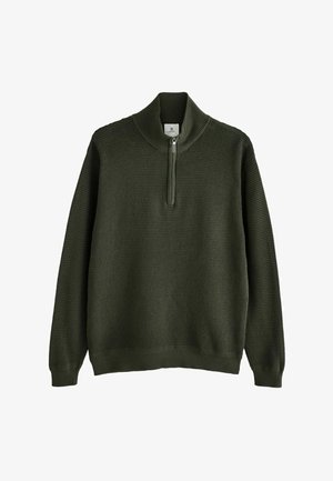 Tume roheline kudum, millel on pikad varrukad ja poolne tõmblukk sooniku kõrgel krael, esitatud valgel taustal.