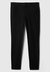 Pantalon habillé noir coupe slim avec passants de ceinture et poches avant, présenté à plat sur un fond gris clair.
