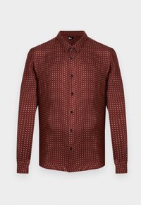 Camicia button-up bordeaux con un tessuto testurizzato, caratterizzata da un motivo a pois crema. Maniche lunghe e un design del colletto tradizionale.
