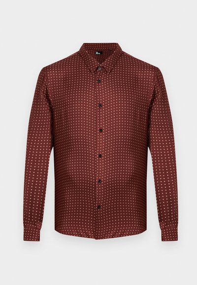 Maroon button-up shirt with a textured fabric, featuring a polka dot pattern in cream. Long sleeves and a traditional collar design.
