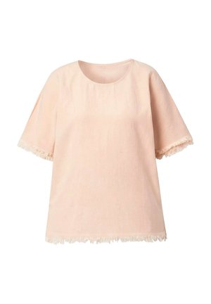 Light pink short-sleeve blouse with round neckline and fringed edges on sleeves and hem, displayed on a white background.