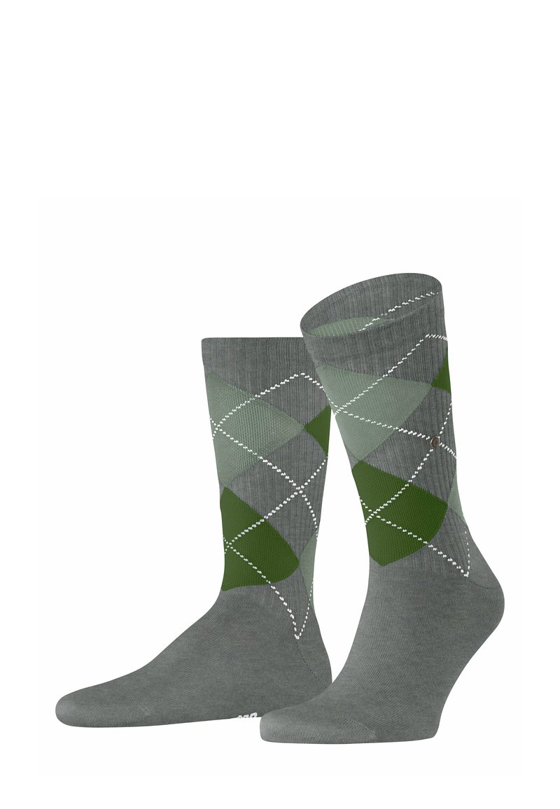Graue Socken mit einem Rautenmuster in Grüntönen, verziert mit weißen Akzenten. Hergestellt aus weichem Material mit einem Design in mittlerer Schafthöhe.