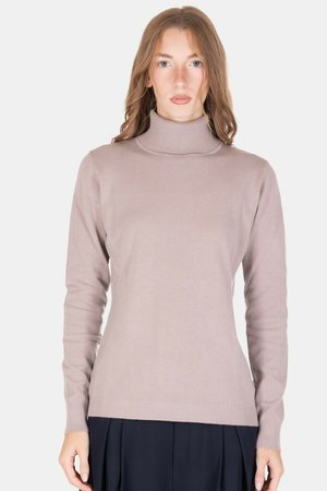 Maglione grigio chiaro a collo alto realizzato in un morbido tessuto a maglia. Presenta maniche lunghe e un design aderente con dettagli a coste sui polsini e sull'orlo.