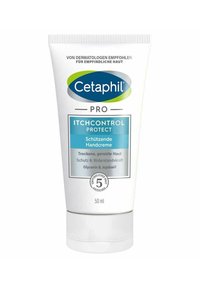Cetaphil Pro Itch Control Protect hand cream, 50 ml tube, white with blue label, features a flip-top cap and details on usage and ingredients.