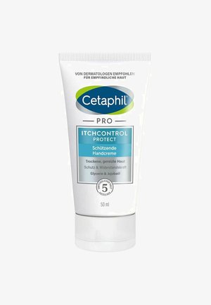Cetaphil Pro Anti-Juckreiz Schutzhandcreme, 50 ml Tube, weiß mit blauer Verpackung, verfügt über einen Klappdeckel und Informationen zur Anwendung und zu den Inhaltsstoffen.