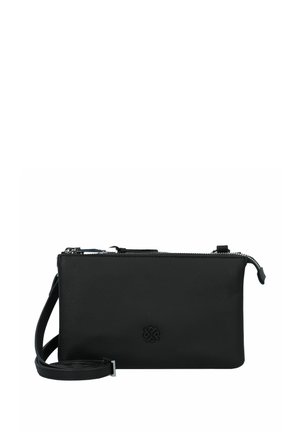 Sac en cuir noir à bandoulière avec une finition texturée, fermeture zip, accent logo et sangle ajustable. Forme compacte et rectangulaire.