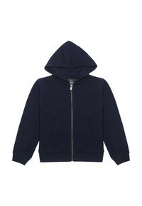 Felpa con zip di colore blu navy, dotata di cappuccio foderato, tasche frontali e polsini a costine. Realizzata in tessuto morbido per garantire comfort e calore.
