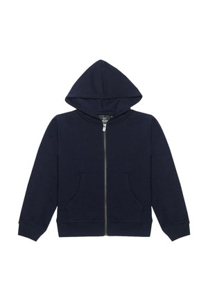 Felpa con zip di colore blu navy, dotata di cappuccio foderato, tasche frontali e polsini a costine. Realizzata in tessuto morbido per garantire comfort e calore.
