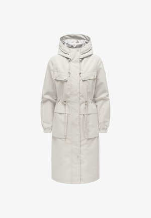 Parka lunga con cappuccio colore beige chiaro, con cerniera frontale, tasche a patta con bottoni sul petto e sui fianchi, coulisse regolabili in vita e polsini elasticizzati.