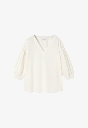 Bela bluza z V-izrezom in balonastimi rokavi, izdelana iz lahkega materiala z gladko teksturo, ki ponuja sproščen kroj in subtilen padec.