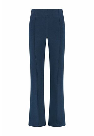 Navy blue flared pants made from textured fabric, featuring a high waistband and visible seam detailing on the front. No pockets.