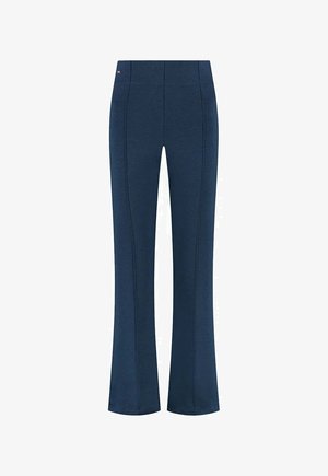 Marineblaue Schlaghose aus strukturiertem Stoff, mit einem hohen Bund und sichtbaren Nahtdetails auf der Vorderseite. Keine Taschen.