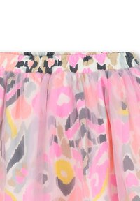 Gonna in tulle multicolore con vita elastica, caratterizzata da motivi astratti in rosa, giallo e grigio. La texture traslucida aggiunge volume.