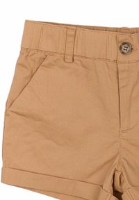 Ljusbruna shorts i tyg med en slät textur. Har en knappstängning, elastiskt midjeband och sidofickor.