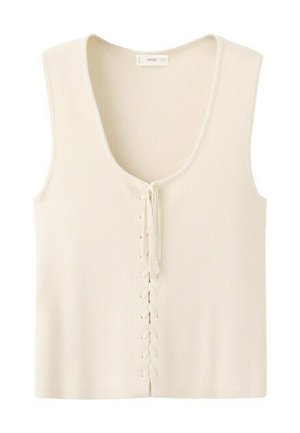 Veste beige sans manches en tricot avec col en V et détail de laçage noué à l'avant, fabriquée en tissu doux.