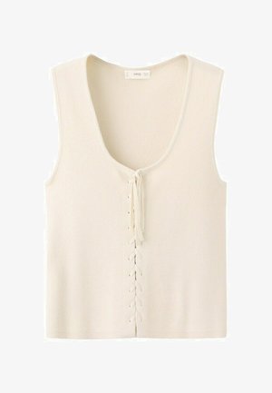 Bezrukávová béžová pletená vesta s výstrihom do V a predným šnurovaním na šnúrku, vyrobená z mäkkého materiálu.