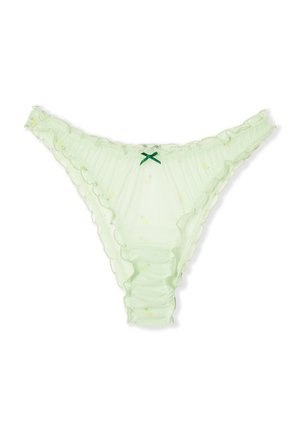 Culotte string en voile vert clair avec un petit imprimé floral jaune, des bords froncés et un nœud vert foncé au centre de la ceinture.