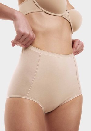 Hoge taille beige katoenen slipjes met een gladde stof, platte naden en een brede tailleband, met een naadloos ontwerp voor comfort.