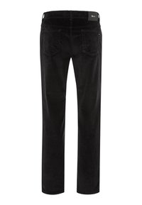 Zwarte corduroy broeken met een rechte pijp, ontworpen met achterzakken en een merkband. Geverfd stof met fijne ribbelstructuur.