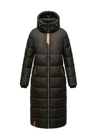 Long black quilted winter coat with high collar hood, front zipper, side zippered pockets, and orange zipper pulls and accents.