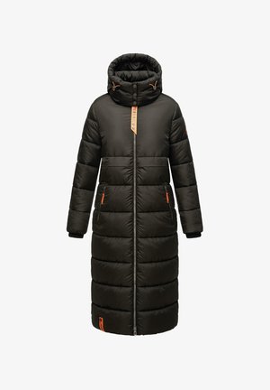 Long black quilted winter coat with high collar hood, front zipper, side zippered pockets, and orange zipper pulls and accents.
