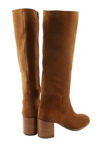 Brown suede knee-high boots with a chunky, stacked heel and a side zipper for easy wear. Smooth texture and minimalist design.