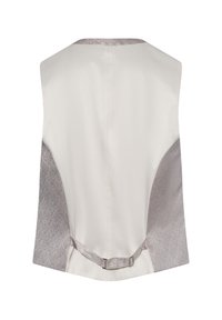 Ärmellose Weste aus cremefarbigem Stoff mit strukturierten silbergrauen Seitenpanelen, ausgestattet mit einem verstellbaren Rückengurt und einer glatten Verarbeitung.