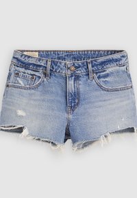 Ανοιχτό μπλε τζιν σορτς με ξέφτια στις άκρες, φθορές, μπροστινό κουμπί, φερμουάρ και σχεδιασμό με πέντε τσέπες.