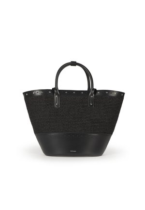 Sac cabas noir tissé avec garniture en cuir, double poignées et petits détails métalliques le long du bord supérieur sur fond blanc.