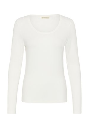 White long-sleeve fitted shirt with round neckline, plain design, and Love Copenhagen brand label inside collar.