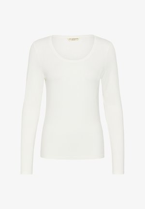 White long-sleeve fitted shirt with round neckline, plain design, and Love Copenhagen brand label inside collar.