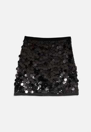 Gonna mini nera con un design in paillettes a forma circolare, una texture liscia e una cintura nera unita.
